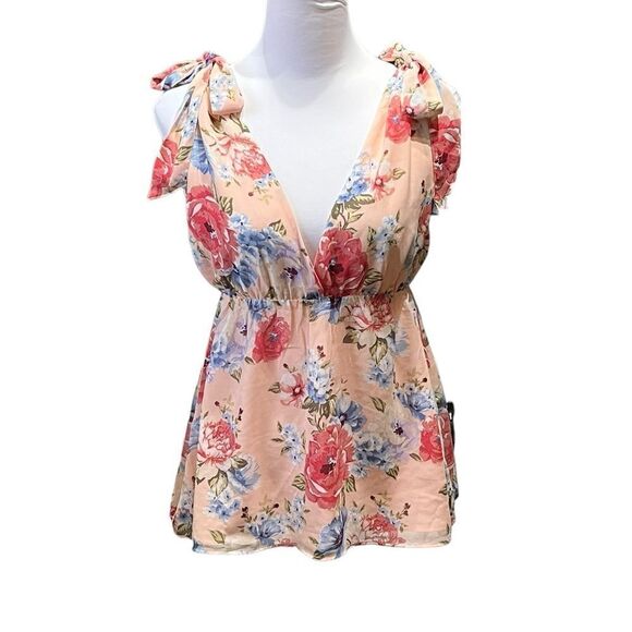 Forever 21 Women’s Peach Mulitcolor Floral V-Neck Tie Shoulder Top, Size 2, NWT - Picture 2 of 10